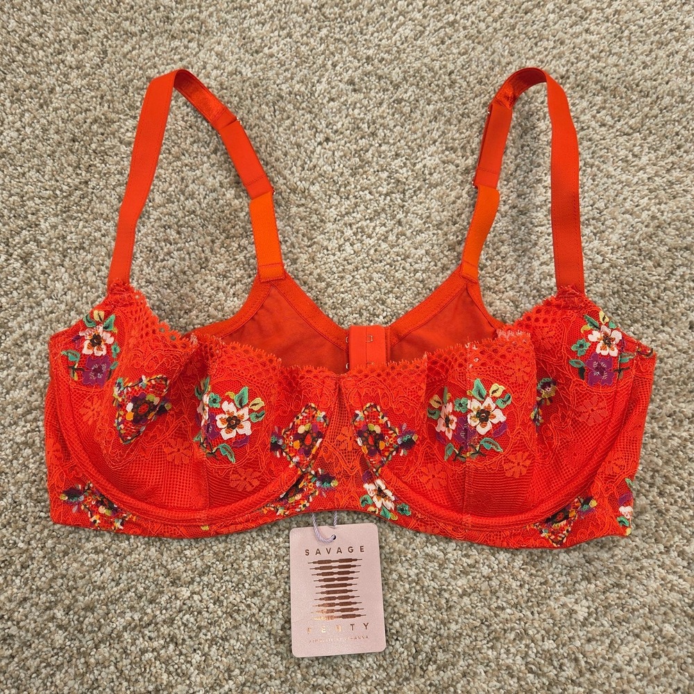 Savage X Fenty Dolled Up Unlined Lace Balconette Lined Bra Orange Floral 40DDD